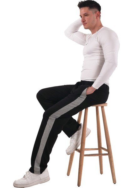 Erkek Yanı Beyazlı Siyah Eşofman Altı (Büyük Beden Seçeneğiyle)