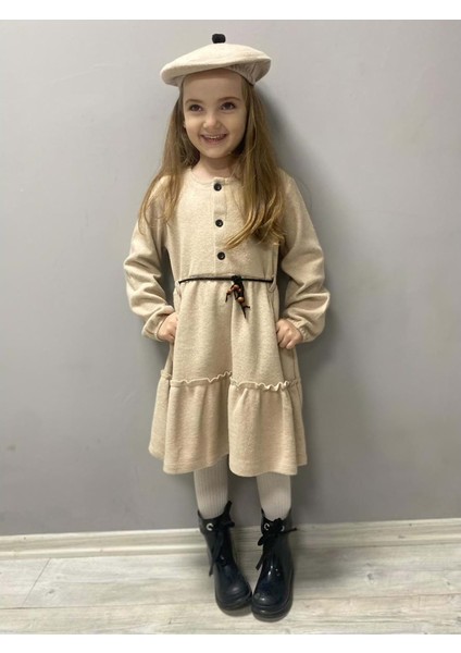 Kaşe Kumaş Şapkalı Kız Çocuk Elbise MNK0559