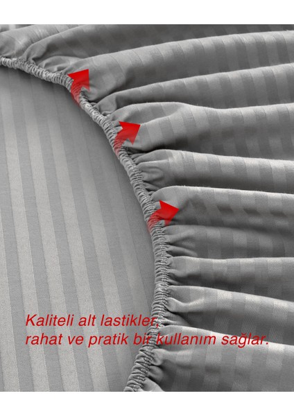 Gri Renkli, Çift Kişilik Pamuklu Çizgili Saten Lastikli Çarşaf Takımı