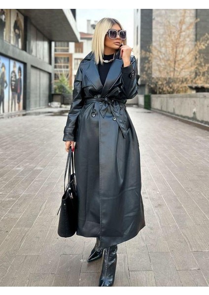 3871 Arka Düğme Efekti Deri Trench Siyah