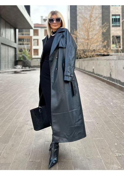3871 Arka Düğme Efekti Deri Trench Siyah fiyatları