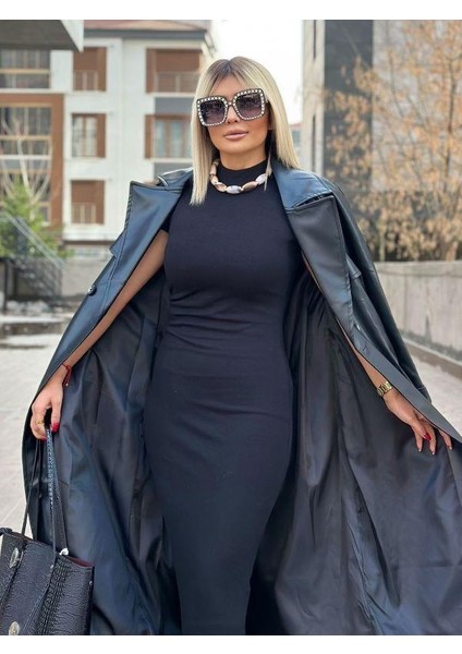 3871 Arka Düğme Efekti Deri Trench Siyah fırsatları