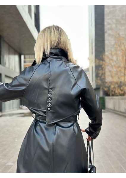 3871 Arka Düğme Efekti Deri Trench Siyah indirimleri