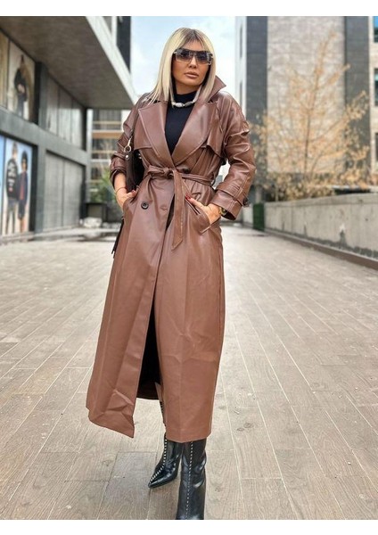 3871 Arka Düğme Efekti Deri Trench Kahve