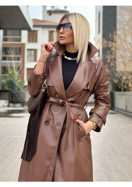 3871 Arka Düğme Efekti Deri Trench Kahve fiyatları
