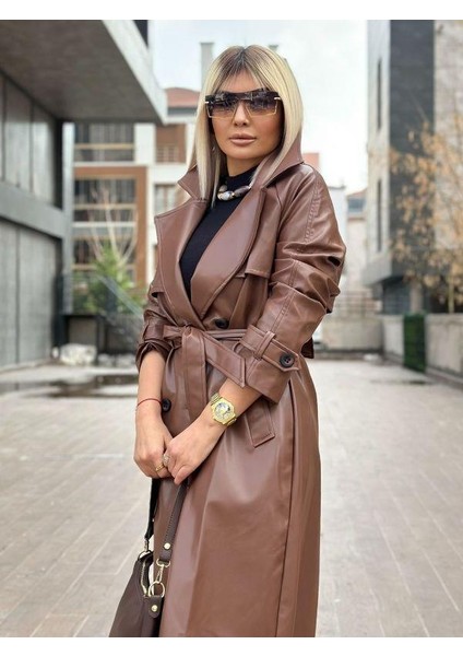 3871 Arka Düğme Efekti Deri Trench Kahve modelleri