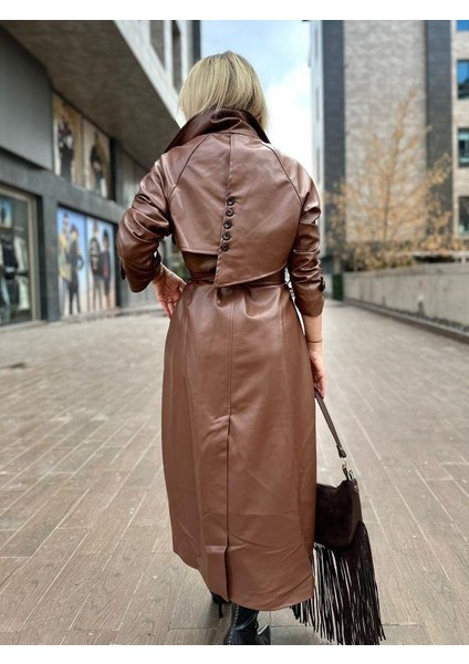 3871 Arka Düğme Efekti Deri Trench Kahve fırsatları
