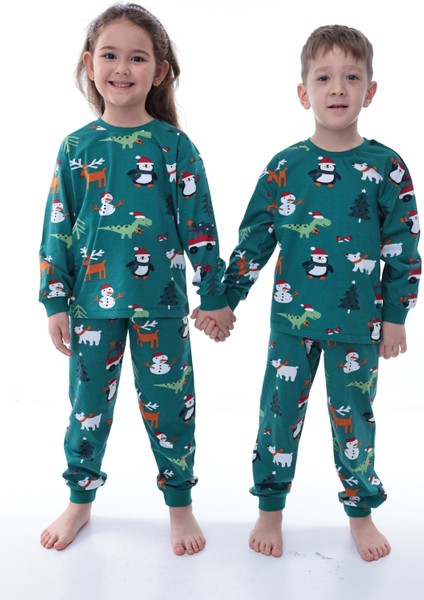 🎄 Yılbaşı Temalı %100 Pamuk Unisex Çocuk Pijama Takımı 🎄 Yeşil
