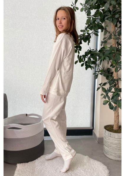%100 Pamuk Cepli Düz Renk Fitilli Kız Çocuk Pijama Takımı - Beyaz fiyatları