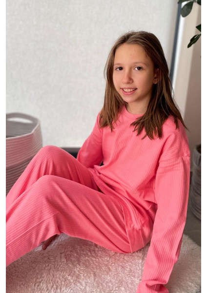 %100 Pamuk Cepli Düz Renk Fitilli Kız Çocuk Pijama Takımı - Somon