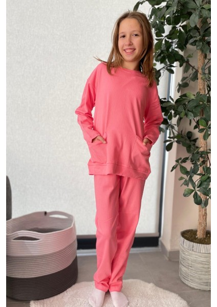 %100 Pamuk Cepli Düz Renk Fitilli Kız Çocuk Pijama Takımı - Somon fiyatları