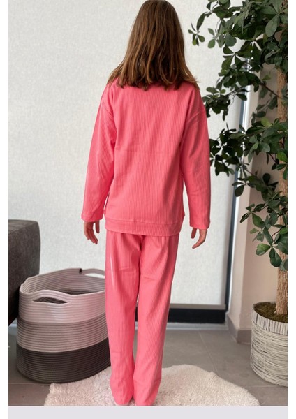 %100 Pamuk Cepli Düz Renk Fitilli Kız Çocuk Pijama Takımı - Somon modelleri