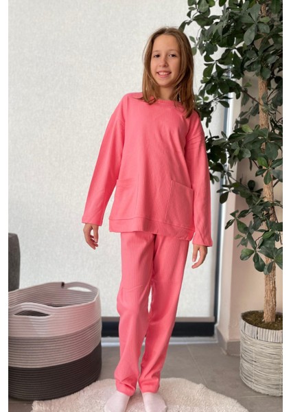 %100 Pamuk Cepli Düz Renk Fitilli Kız Çocuk Pijama Takımı - Somon fırsatları