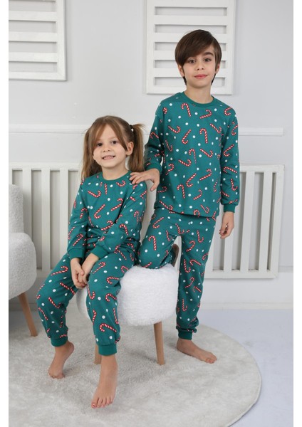 🎄 Yılbaşı Şeker Desenli %100 Pamuk Unisex Çocuk Pijama Takımı 🎄 Yeşil fiyatları