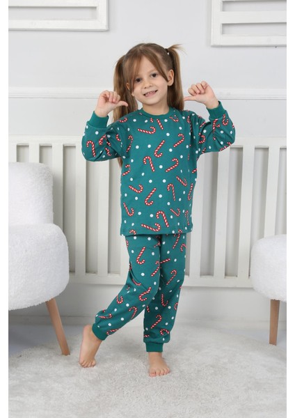 🎄 Yılbaşı Şeker Desenli %100 Pamuk Unisex Çocuk Pijama Takımı 🎄 Yeşil modelleri