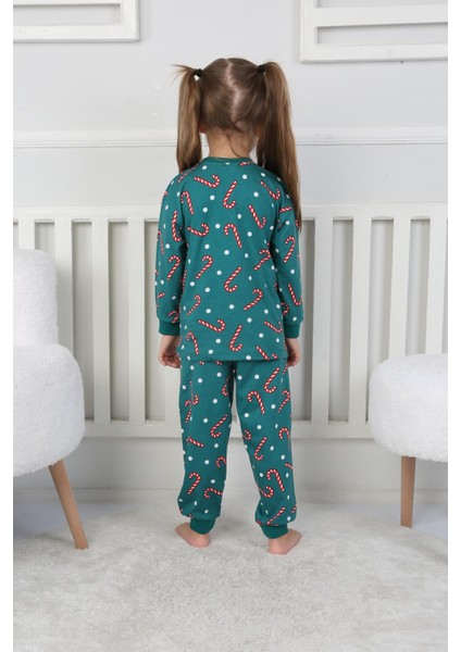 🎄 Yılbaşı Şeker Desenli %100 Pamuk Unisex Çocuk Pijama Takımı 🎄 Yeşil fırsatları