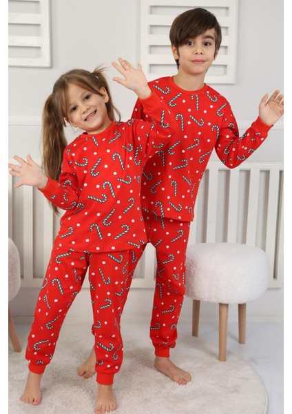 🎄 Yılbaşı Şeker Desenli %100 Pamuk Unisex Çocuk Pijama Takımı 🎄 Kırmızı