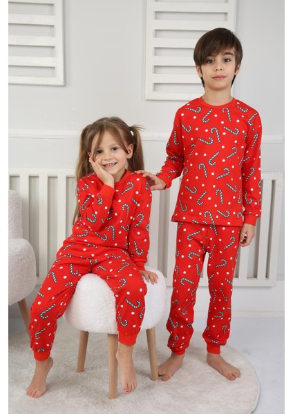 🎄 Yılbaşı Şeker Desenli %100 Pamuk Unisex Çocuk Pijama Takımı 🎄 Kırmızı fiyatları