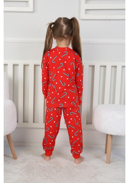 🎄 Yılbaşı Şeker Desenli %100 Pamuk Unisex Çocuk Pijama Takımı 🎄 Kırmızı modelleri