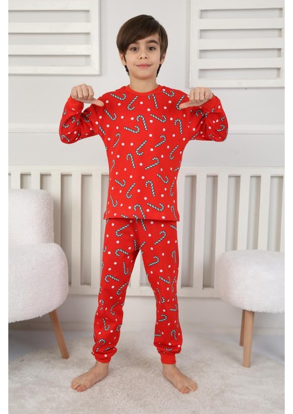 🎄 Yılbaşı Şeker Desenli %100 Pamuk Unisex Çocuk Pijama Takımı 🎄 Kırmızı fırsatları
