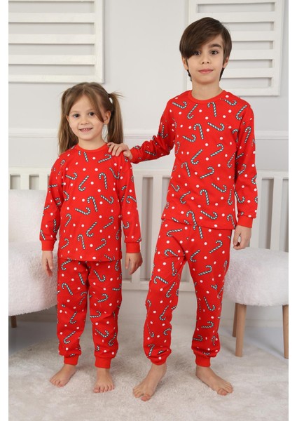 🎄 Yılbaşı Şeker Desenli %100 Pamuk Unisex Çocuk Pijama Takımı 🎄 Kırmızı indirimleri