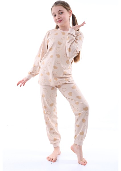 %100 Pamuk Kalp Desenli Garson Boy Kız Çocuk Pijama Takımı - Bej