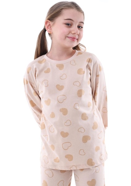 %100 Pamuk Kalp Desenli Garson Boy Kız Çocuk Pijama Takımı - Bej fiyatları