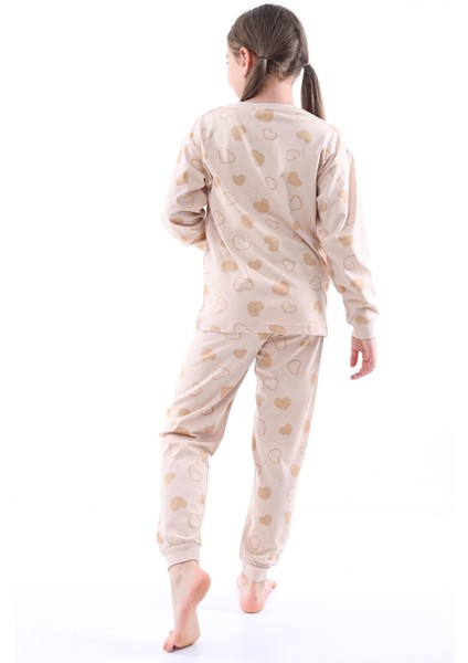 %100 Pamuk Kalp Desenli Garson Boy Kız Çocuk Pijama Takımı - Bej modelleri