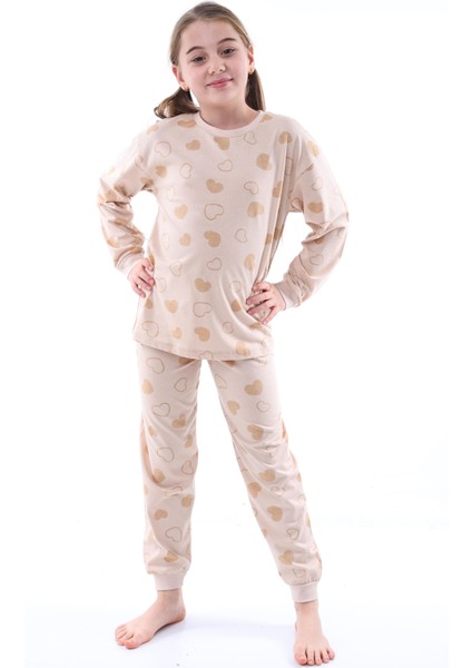 %100 Pamuk Kalp Desenli Garson Boy Kız Çocuk Pijama Takımı - Bej fırsatları