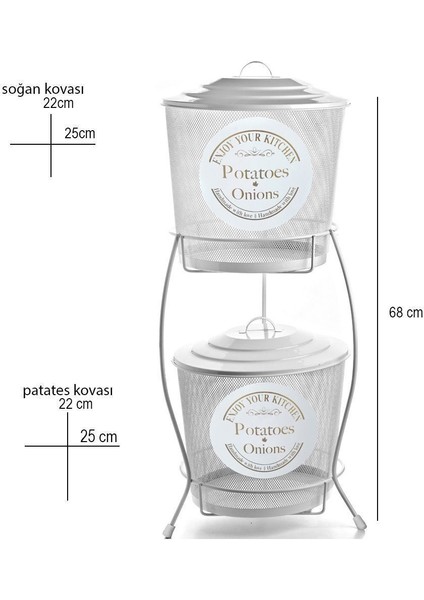 2 Katlı Metal Patates Soğan Kovası - Sebzelik - Patates Soğanlık Sepeti Beyaz