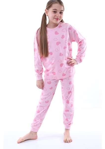 %100 Pamuk Kalp Desenli Garson Boy Kız Çocuk Pijama Takımı - Pembe