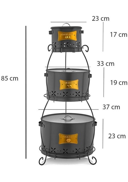 Üç Katlı Patates, Soğan ve Sarımsak Saklama Seti.siyah