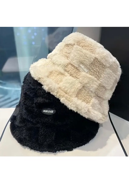 Unisex Peluş Bej Bucket Şapka