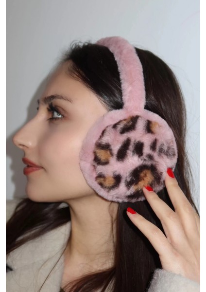 Pembe Renk Leopar Detaylı Peluş Kulaklık