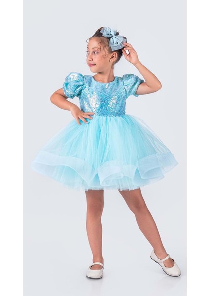 Tütü Gren Etekli Kız Çocuk Pul Payetli Kısa Kol Kikidi Elbise MNK0601