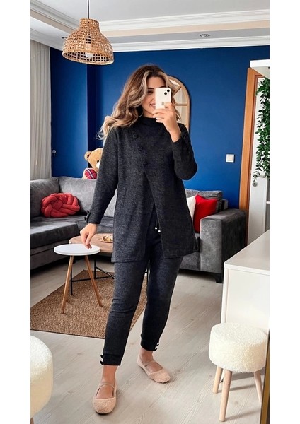 Kadın Uzun Kollu Balıkçı Yaka Önden Düğmeli Bluz ve Pantolon Yumoş Ikili Takım