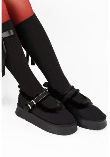 Kadın Kalın Tabanlı Içi Kürklü Peluş Babet Ayakkabı