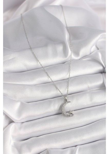 Gümüş Renk Zincir Zirkon Taşlı Hilal Model Yıldız Detay Kadın Kolye - EBJ241228W30263 fiyatları