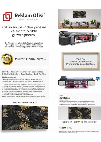 Tropikal Yapraklar, Füme, Gold Temalı Premium Kanvas Tablo