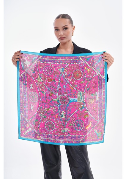 15262 Patchwork Desenli Fuşya Bandana Fular