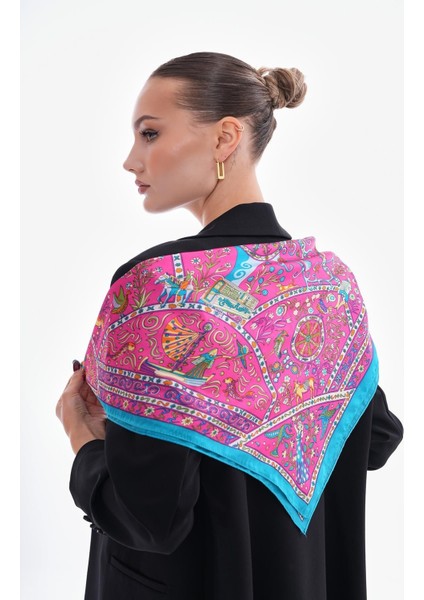 15262 Patchwork Desenli Fuşya Bandana Fular