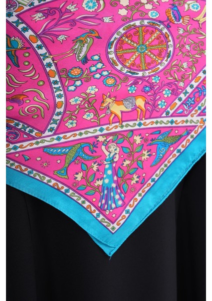 15262 Patchwork Desenli Fuşya Bandana Fular