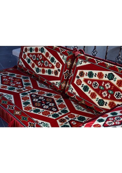 Şark Köşesi Takımı Konsepti Yörük Kırmızı Modeli Koltuk Takımı Sünger Dahil (15 Parça)