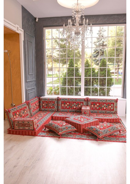 Şark Köşesi Takımı Konsepti Kırmızı Şili Modeli Koltuk Takımı Sünger Dahil (13 Parça)