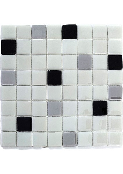 Mutfak Tezgah Arası, Banyo, Sauna, Spa, ve Yaşam Alanlarının Tüm Yüzeyleri İçin. Beyaz-Siyah-Gri Mix. 31.5X31.5 Cm. Fileli Cam Mozaik. ( 10 File Karo = 1 M2 Fiyatıdır )