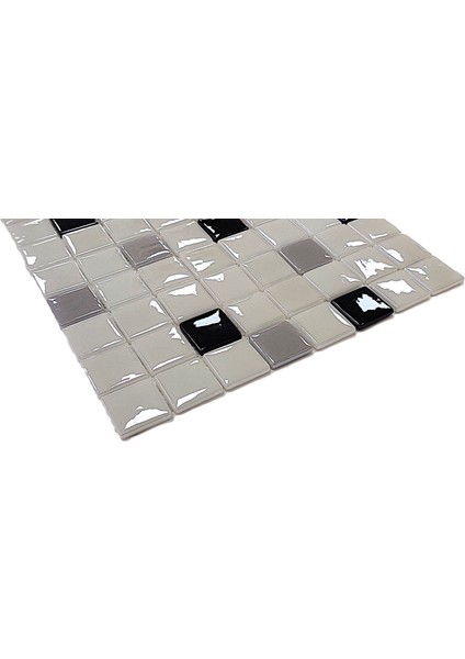 Mutfak Tezgah Arası, Banyo, Sauna, Spa, ve Yaşam Alanlarının Tüm Yüzeyleri İçin. Beyaz-Siyah-Gri Mix. 31.5X31.5 Cm. Fileli Cam Mozaik. ( 10 File Karo = 1 M2 Fiyatıdır ) fiyatları