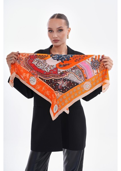 15283 Desenli Turuncu Bandana Fular 70X70 cm