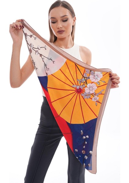 15290 Çiçek Desenli Vizon Bandana Fular 70X70 cm