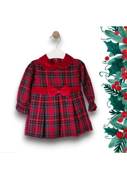 – Ekoseli, Kadife Yaka ve Kemer Detaylı Kız Bebek Elbise - Kırmızı (9-24Ay)