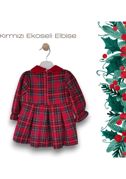 – Ekoseli, Kadife Yaka ve Kemer Detaylı Kız Bebek Elbise - Kırmızı (9-24Ay) fiyatları